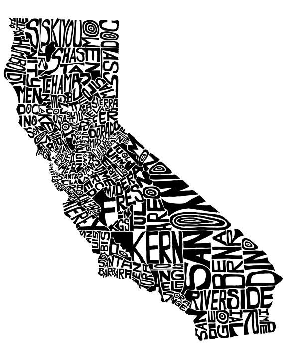 California - typography map art print 8x10 - customizable state poster custom wedding engagement graduation gift anniversary wall art decor