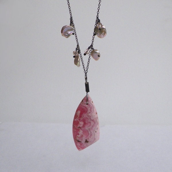 Pink Rhodochrosite blush Keishi Pearls antiqued silver necklace. Tea Rose. Abstract geometric pendant. Romantic, botanical, floral jeweller