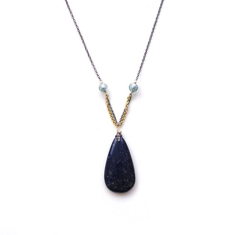 Stargazing mariner Lapis Lazuli pendant Murano silver necklace. Navy, indigo blue large statement stone, black chain. Modern jewellery
