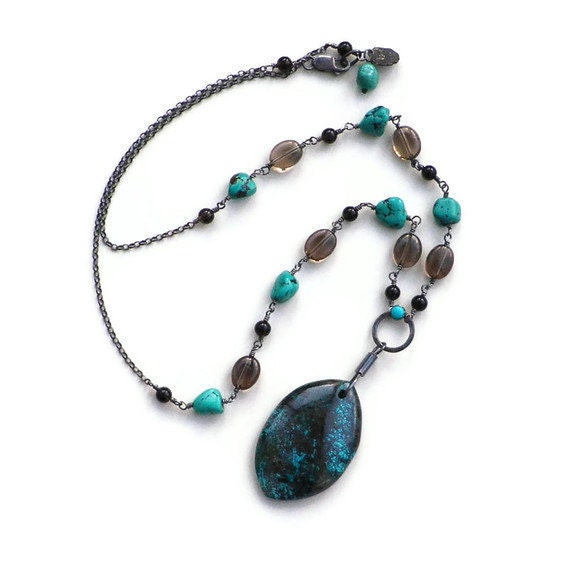 Chrysocolla Smoky Quartz Turquoise black silver necklace. Navy sky blue, earthy coffee brown statement jewellery
