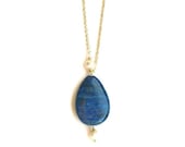 Denim Lapis long gold chain necklace. Natural blue stone, white Pearl pendant. Bohemian, boho, Lapis Lazuli jewellery