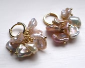 Pink Keishi Pearl gold earrings. Short cluster, pastel peach rose petal dangle. Botanical, floral, spring wedding, summer bridal jewellery