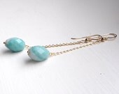 Pastel blue Amazonite gold chain boho earrings. Long dangle, goldfill. Seafoam, sea, ocean, sky, modern minimalist jewellery