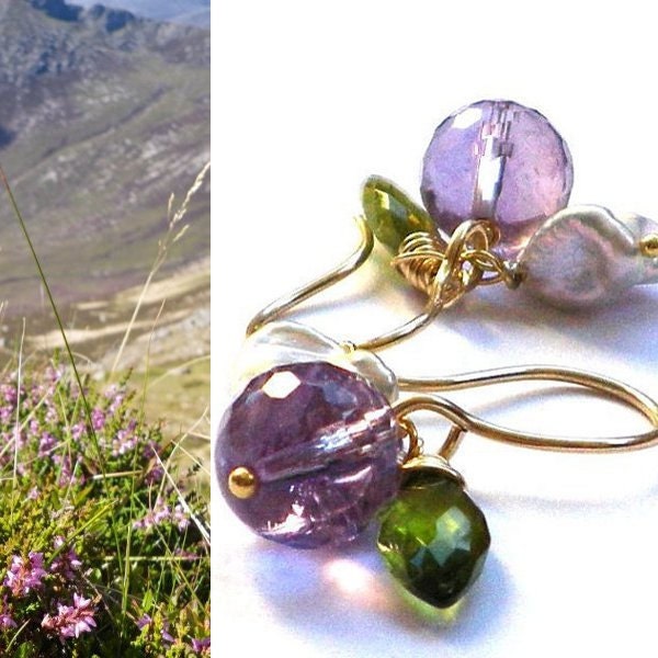 Amethyst Vesuvianite Keishi Pearl gold earrings. Heather lilac purple, green, pastel. Woodland glen wedding. Amethyst jewellery