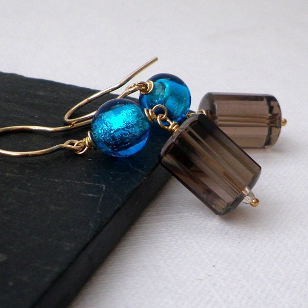 Electric blue Murano coffee Smoky Quartz gold earrings. Faceted gemstone focal, abstract fashion modern bohemian jewellery