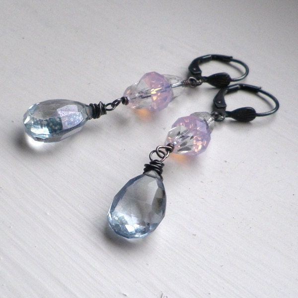 Blue briolette rose opal crystal black silver earrings. Mystic aqua aquamarine dangle. Stormy midnight, night sky jewellery
