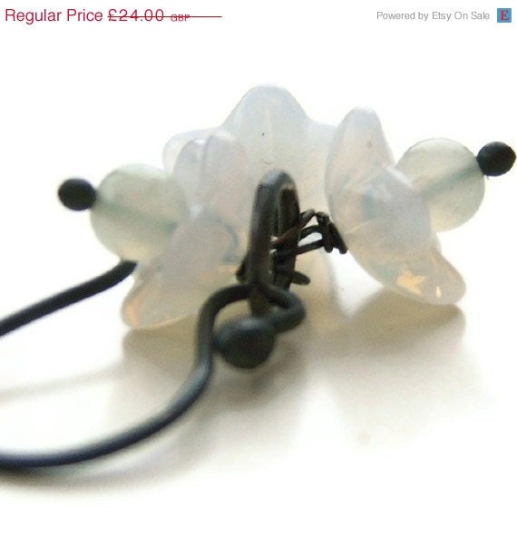 SALE Snow Flowers Earrings White Opalescent Flowers Charcoal Silver Dangle. Modern Floral Jewelry