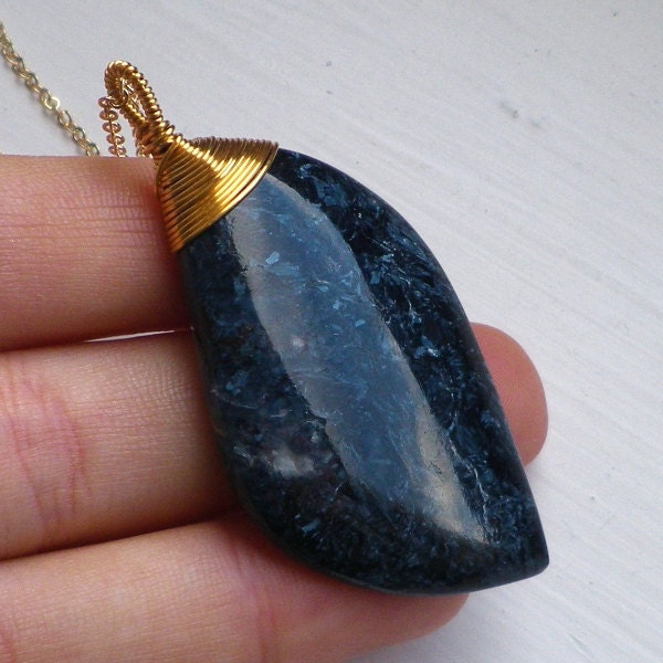 Indigo Pietersite pendant gold chain necklace. Navy ink blue leaf natural untreated statement stone. Midnight woodland, sea wave jewellery