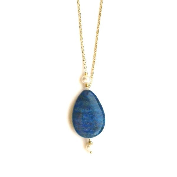 Denim Lapis long gold chain necklace. Natural blue stone, white Pearl pendant. Bohemian, boho, Lapis Lazuli jewellery