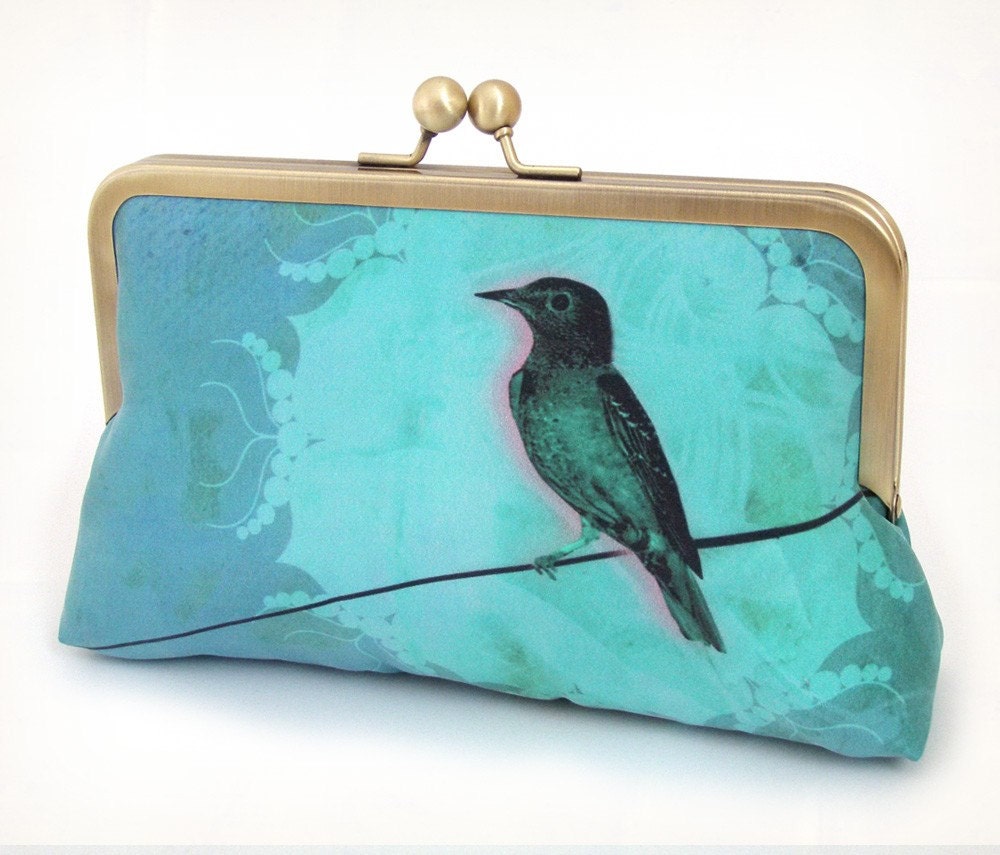 Bird on a wire bag clutch : luxury printed silk purse, teal, turquoise, wedding accessory, bridesmaid gift, with gift box