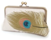 Peacock clutch : Embroidered linen purse / bridal / wedding accessory / bridesmaid gift