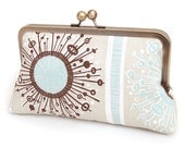 Starburst clutch bag : retro atomic blue and brown patterned purse, silk-lined with gift box