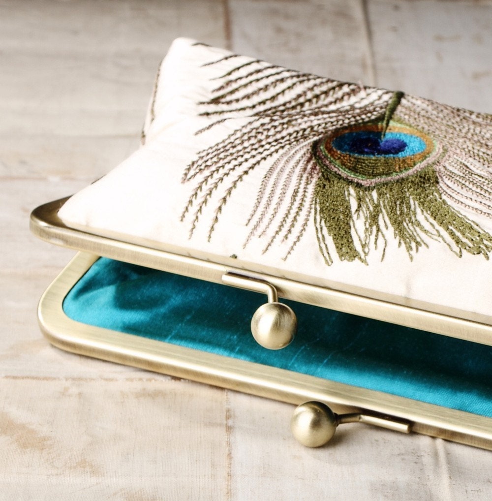Silk peacock feathers - luxury clutch bag