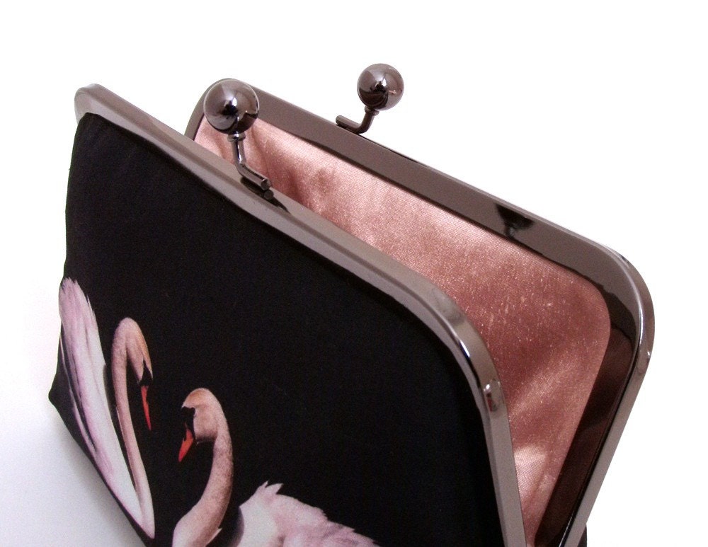 Two swans clutch bag, silk purse, black and white, bridal accessory, bridesmaid gift