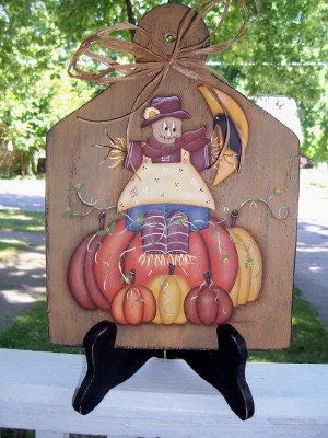 Scarecrow Pumpkin Fall Autumn Wood Plaque Handpainted Wall Decor Primitive