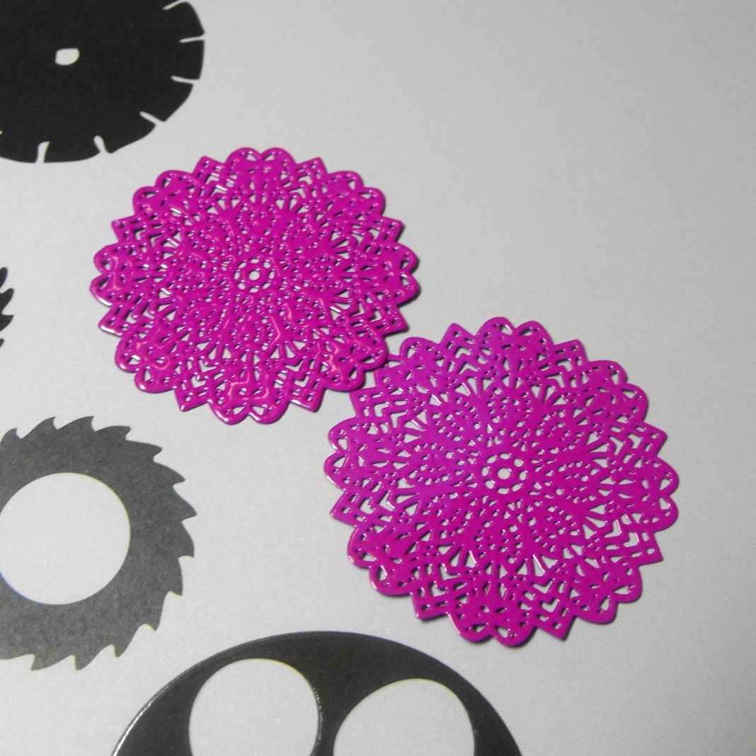 Two Pack New Hot Pink Acrylic Painted Brass Mandala Style 35mm Round Findings Great Earring Drops or Pendant