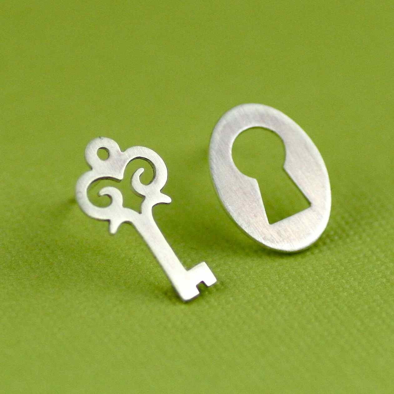 Old World Lock and Skeleton Key Stud Earrings in Silver