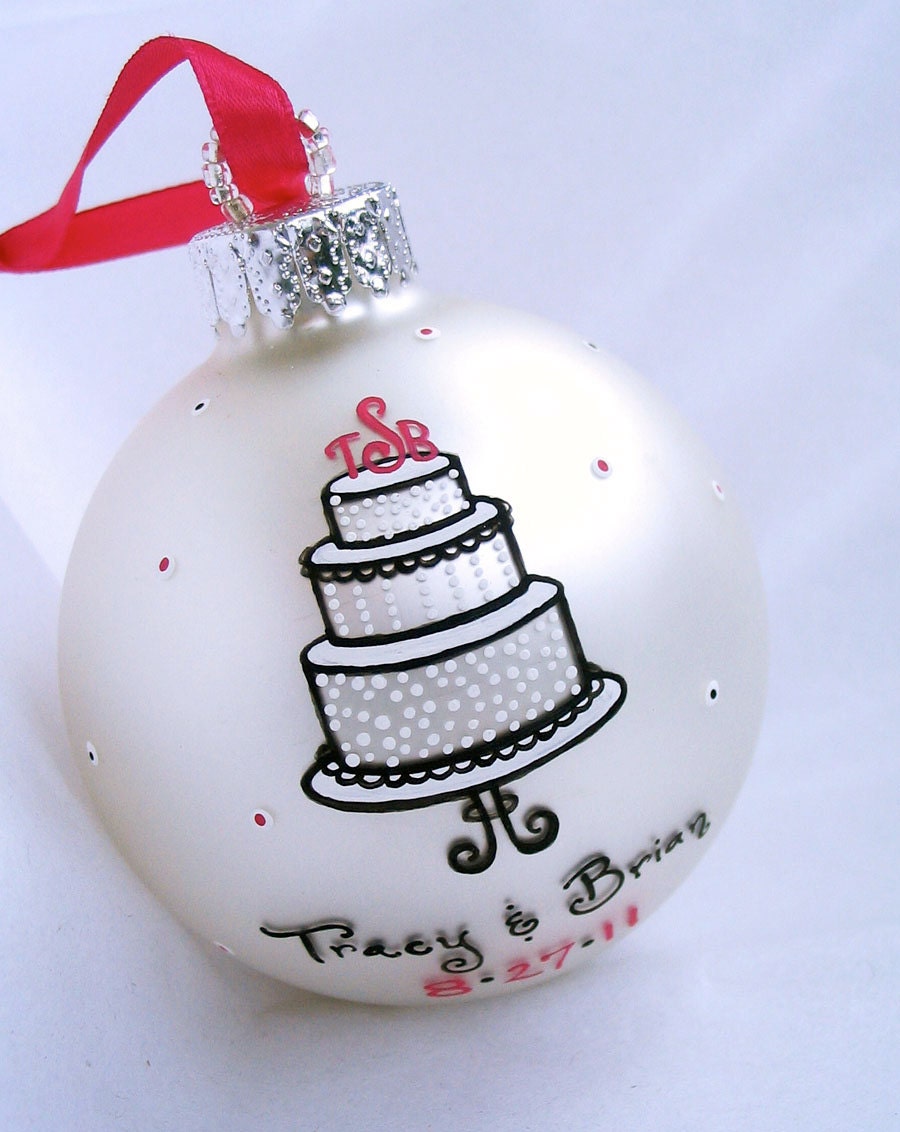 Custom Black and White Wedding Cake Ornament - Hand Painted and Personalized