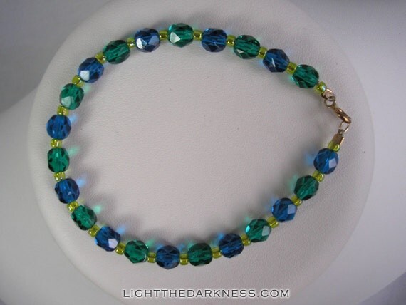 Emerald Green and Blue Glass Bead Bracelet