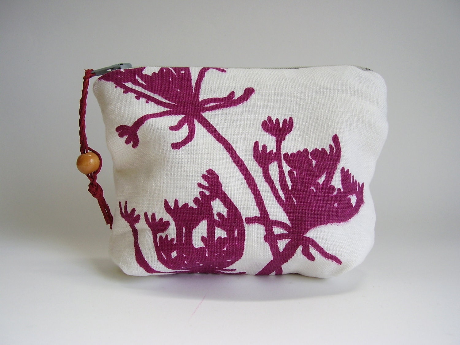 Screenprinted Zippered Pouch, Field Sketch, Queen Anne's Lace in Garnet