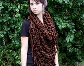 boho fringe cowl neck hood Vegan chunky scarf Black brown