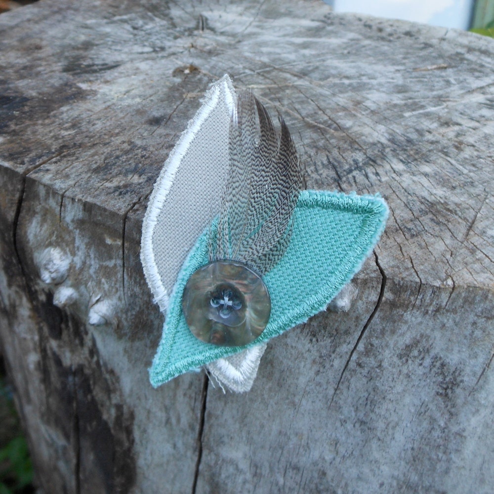 plume brooch, light turquoise and silver grey