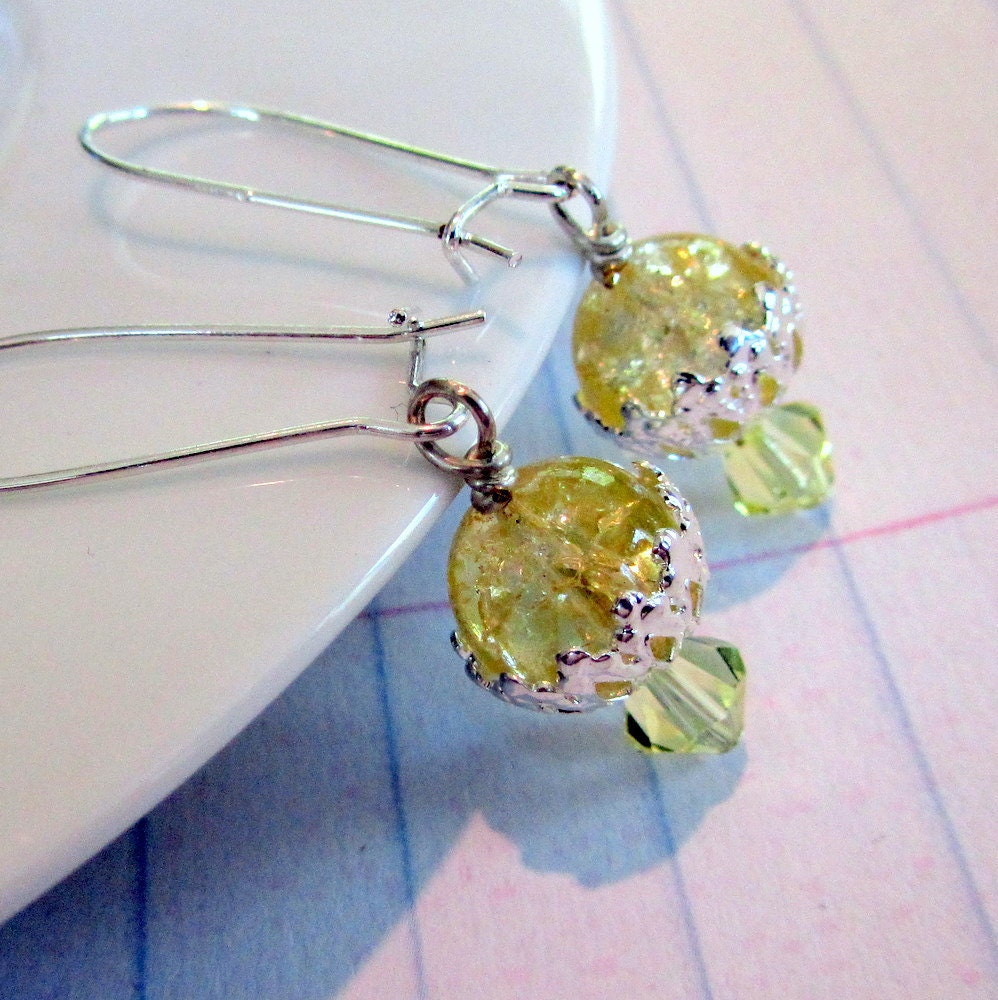 Yellow Crystal Dangle Earrings with Silver Filigree Beaded Jewelry