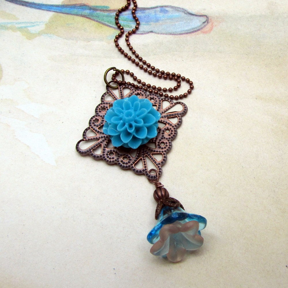 Copper Necklace with  Blue Flowers, Pendant Necklace, Unique Jewelry