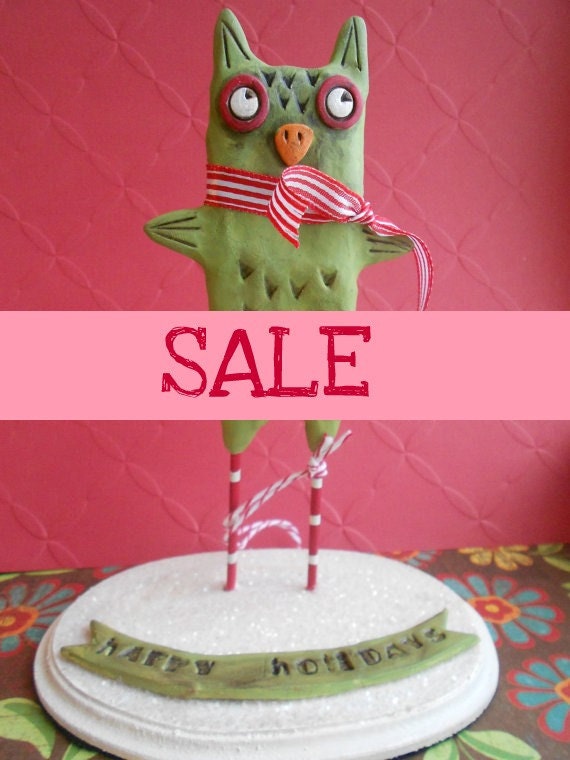 Sale-Mint Green Primitive Owl with Ribbon Scarf - clay folk art sculpture-READY TO SHIP