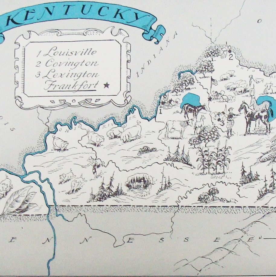 Vintage Kentucky Map - Original Little Vintage Picture Map to Frame - Original
