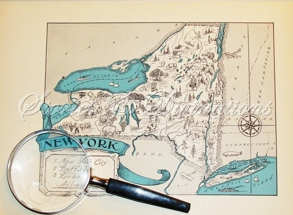 Map - New York Vintage Map - Aqua - Cottage Chic - A Fun and Funky Little 1930s Picture Map of New York to Frame