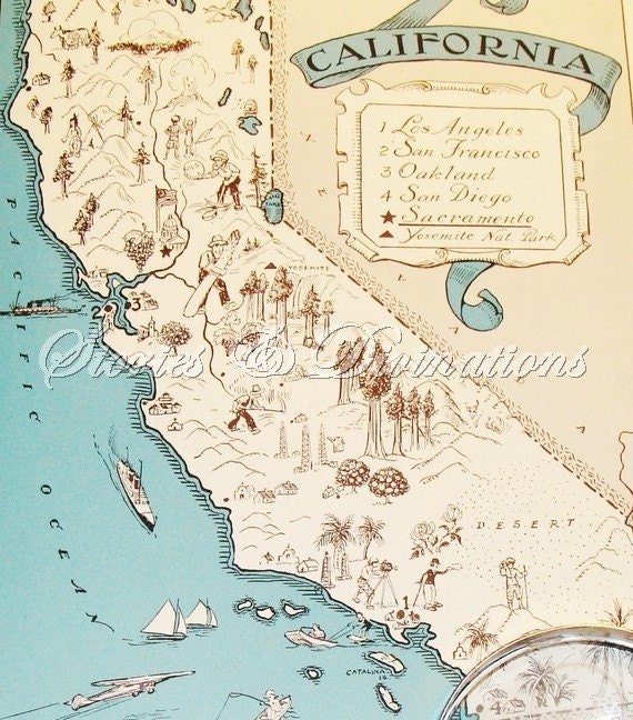 California Vintage Map - Aqua Cottage Chic - A Fun and Funky Little Picture Map of California to Frame