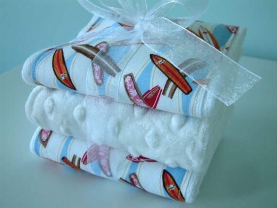 SURF THE WAVE and White Minky Dots Burp Cloth Bundle of Three