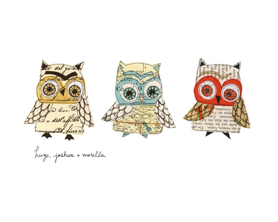 Hugo, Joshua and Morella - giclee print , owls, trio, collage, Susan Black