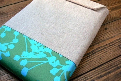 Laptop Sleeve in linen and Coriander Sea Green print - reserved for Joyce