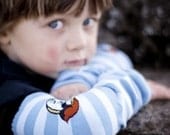 KOOL KID Arm / Leg Warmers for Baby, Toddler, Child, Tween Boy or Girl - Sparrows on Blue Stripes - Fun and Functional Fashion