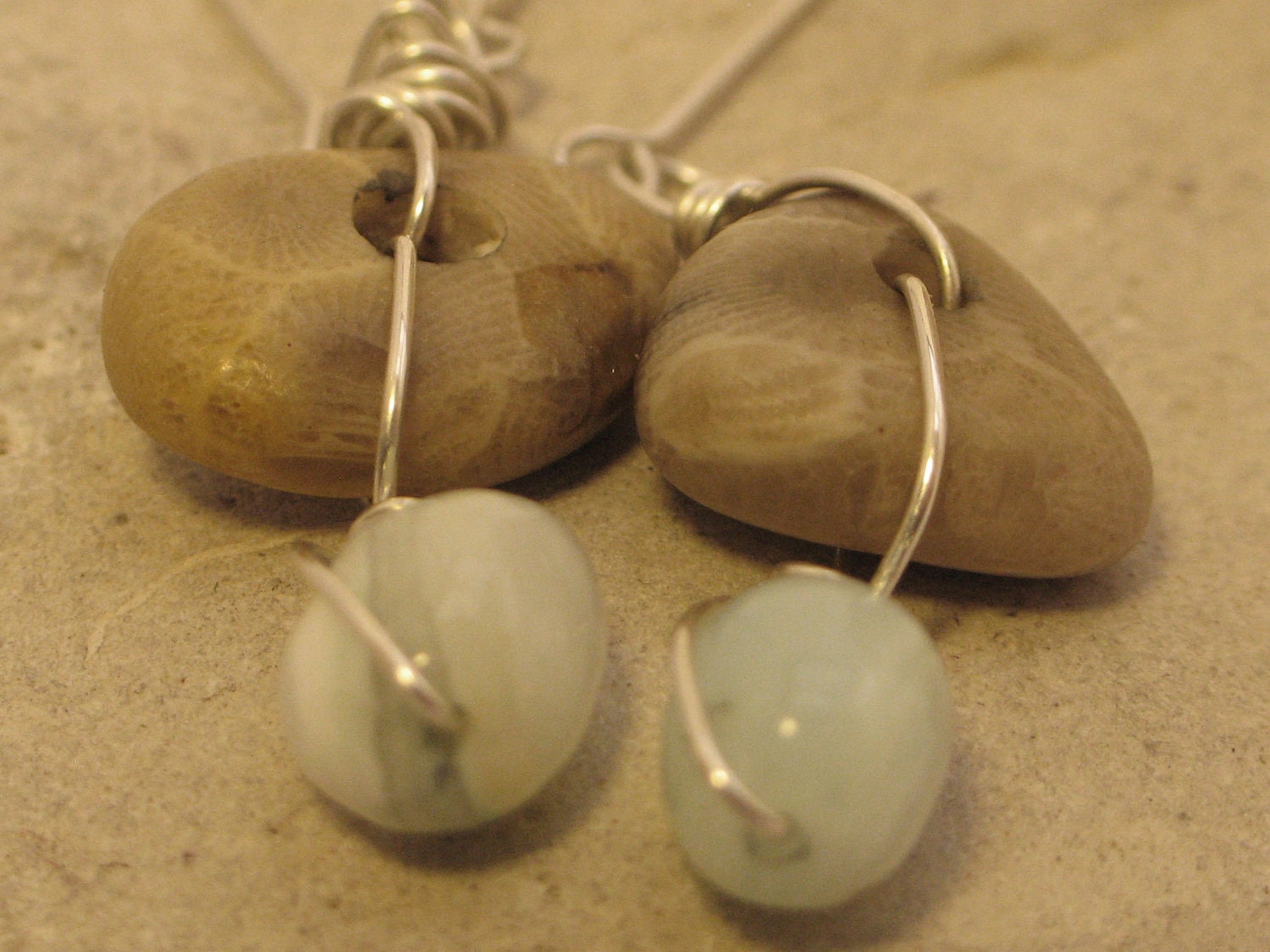 Petoskey Stone and Peruvian Blue Opal Sterling Silver Earrings