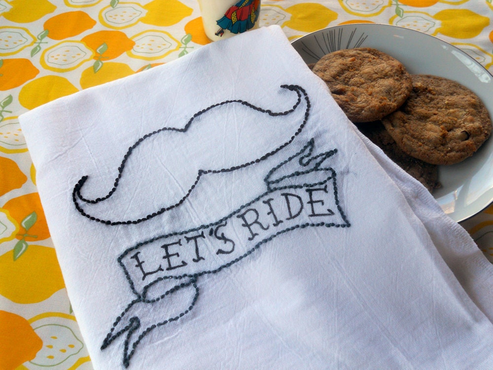 Sailor Jerry Tea Towel Geekery Hipster - Handlebar Mustache with "Let's Ride" Banner - Dark Brown Charcoal Grey Black Accents