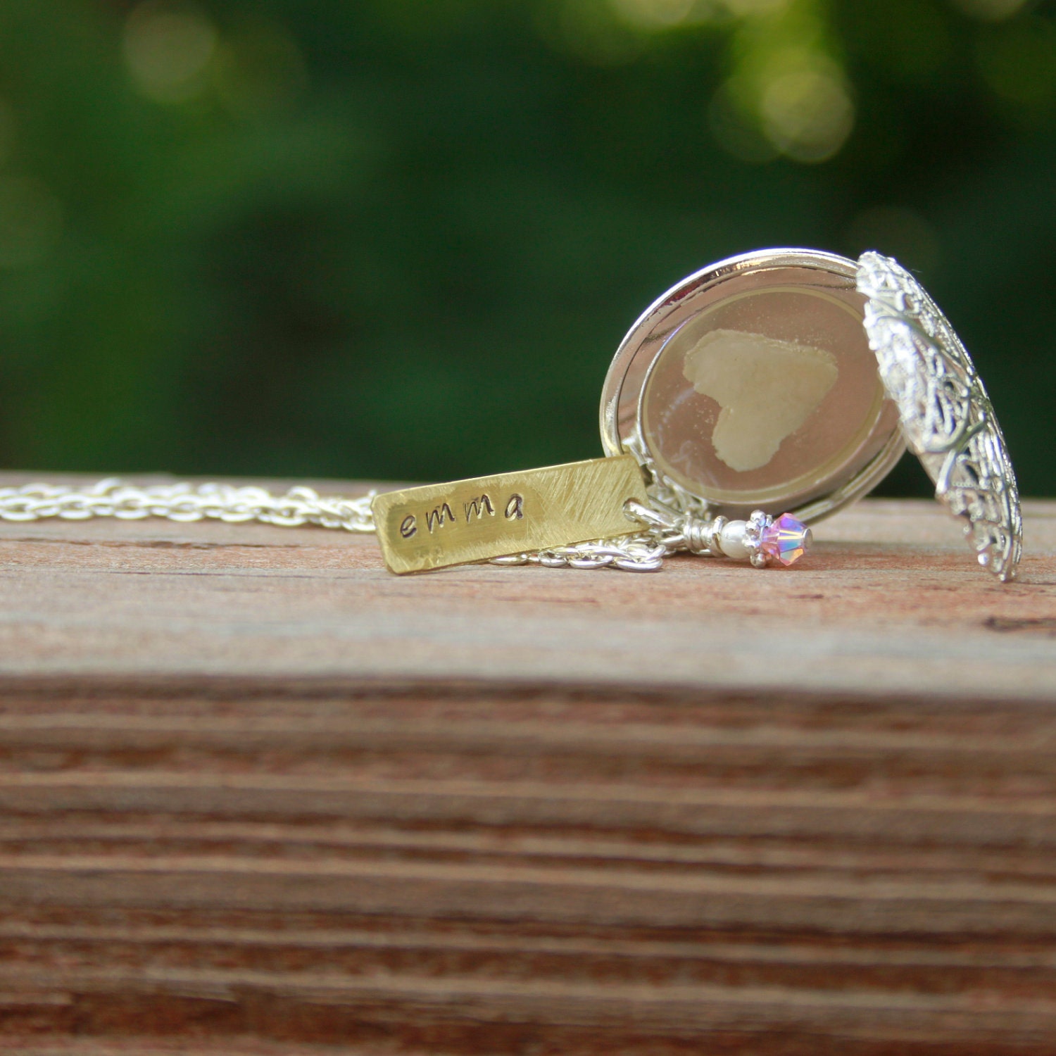 Vintage Filigree Locket Milk Pendant with Stamped Tag and Birthstone Charm.