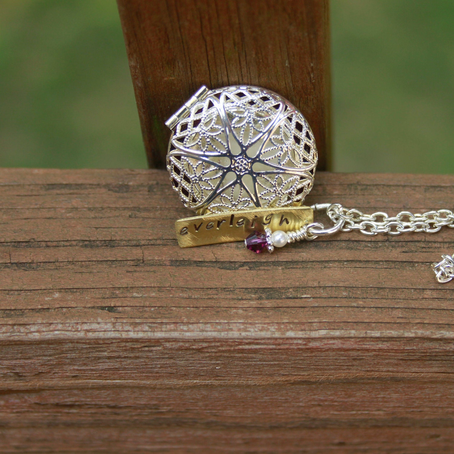 Vintage Filigree Locket Milk Pendant with Stamped Tag and Birthstone Charm.