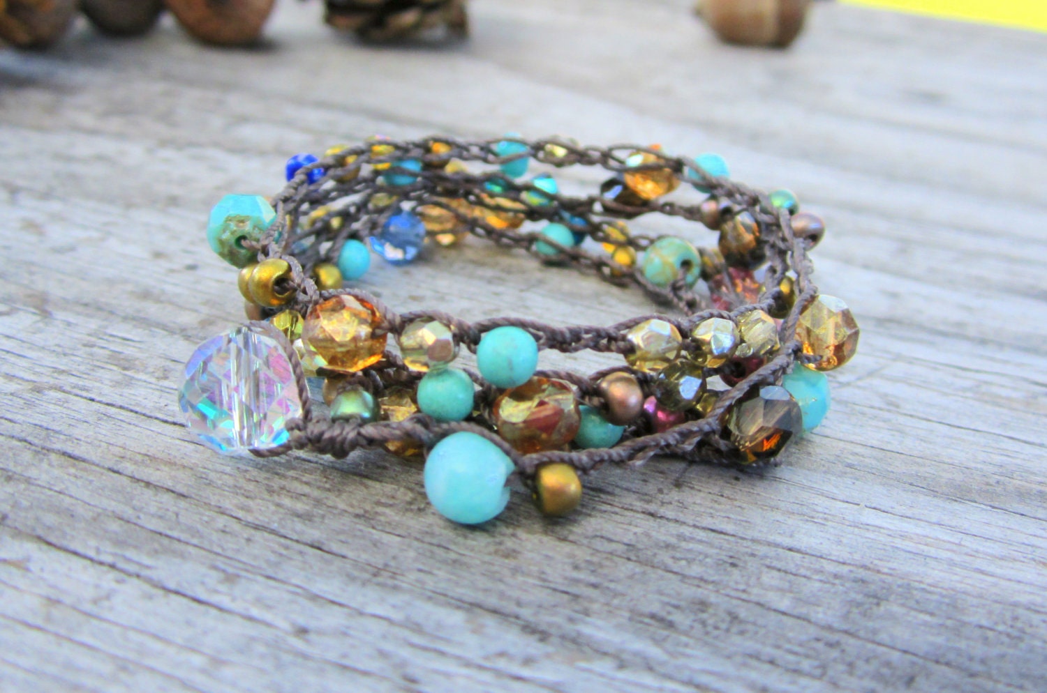 Tuscany crocheted wrap bracelet/ gorgeous/boho/blue/chocolate brown/gold/ natural/earthy