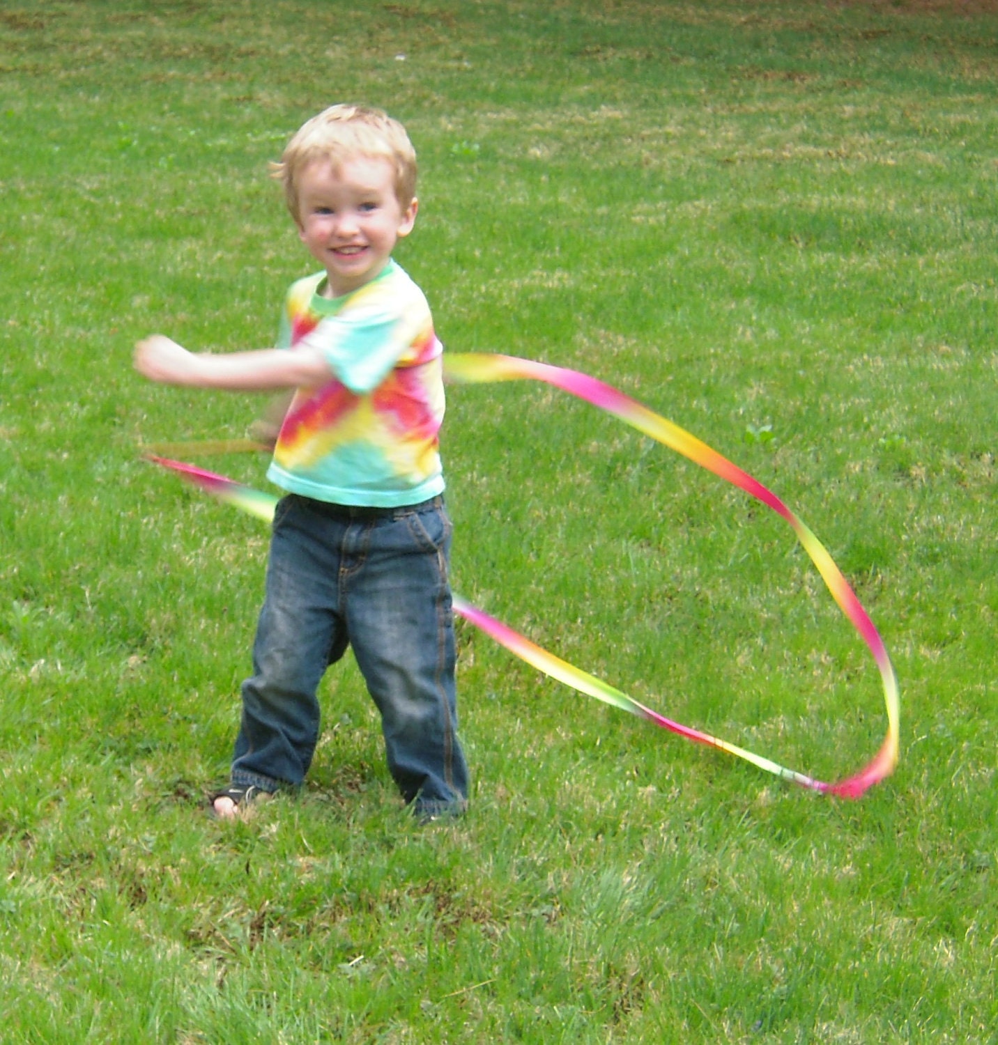 Hand-dyed rainbow silk ribbon stick wand for children's play, with free personalization