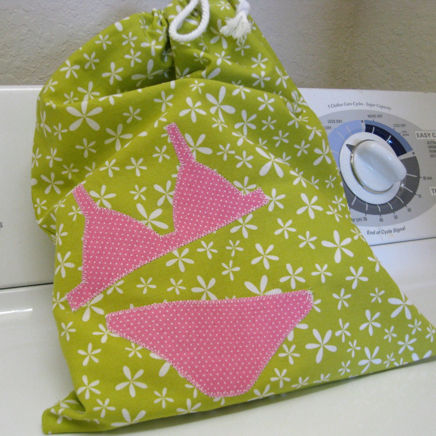 Ready to Ship- Travel Lingerie Laundry Tote- Green Flowers with Pink Polka Dots