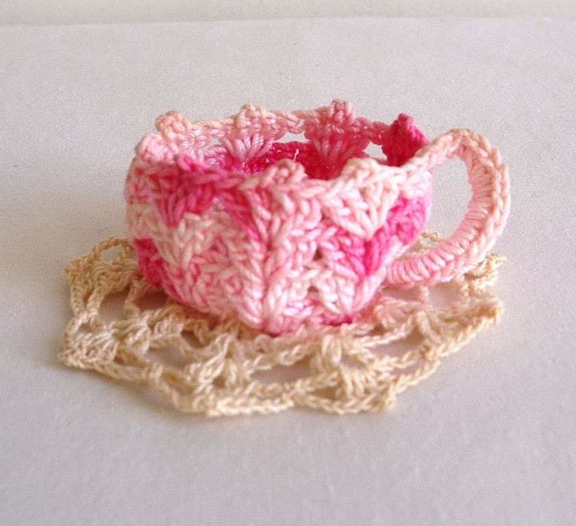 vintage pink crochet teacup