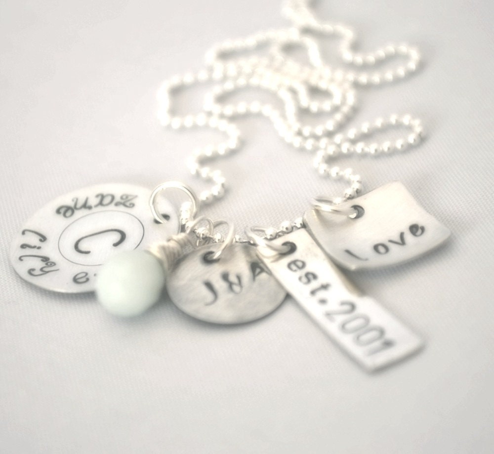 hand stamped personalized large family charm style handstamped sterling silver name necklace...