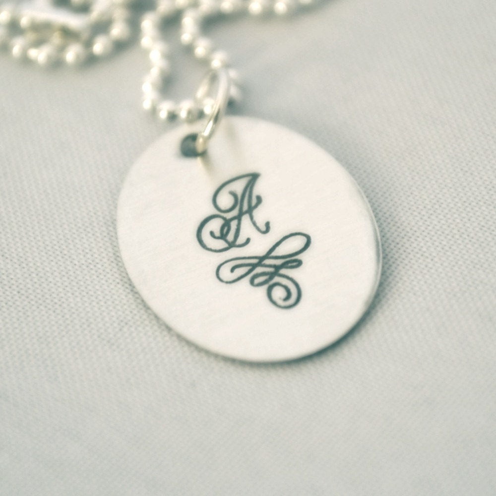 hand stamped personalized sterling silver initial pendant handstamped necklace OVAL MONOGRAM....