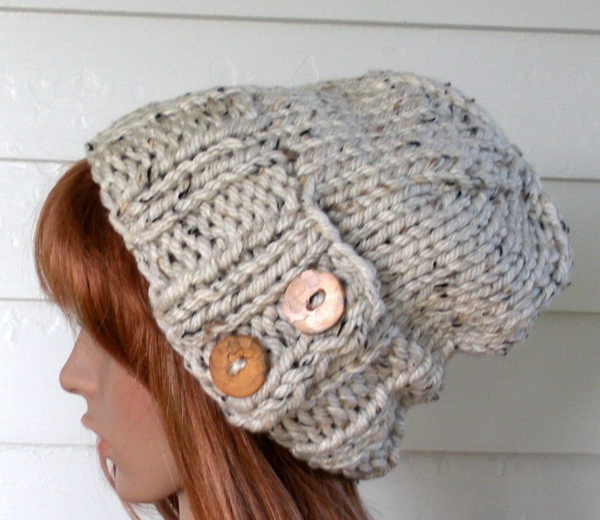 Woman's Slouch Hat, Knit, under 50, beanie Oatmeal, Chunky, beret, winter, vegan