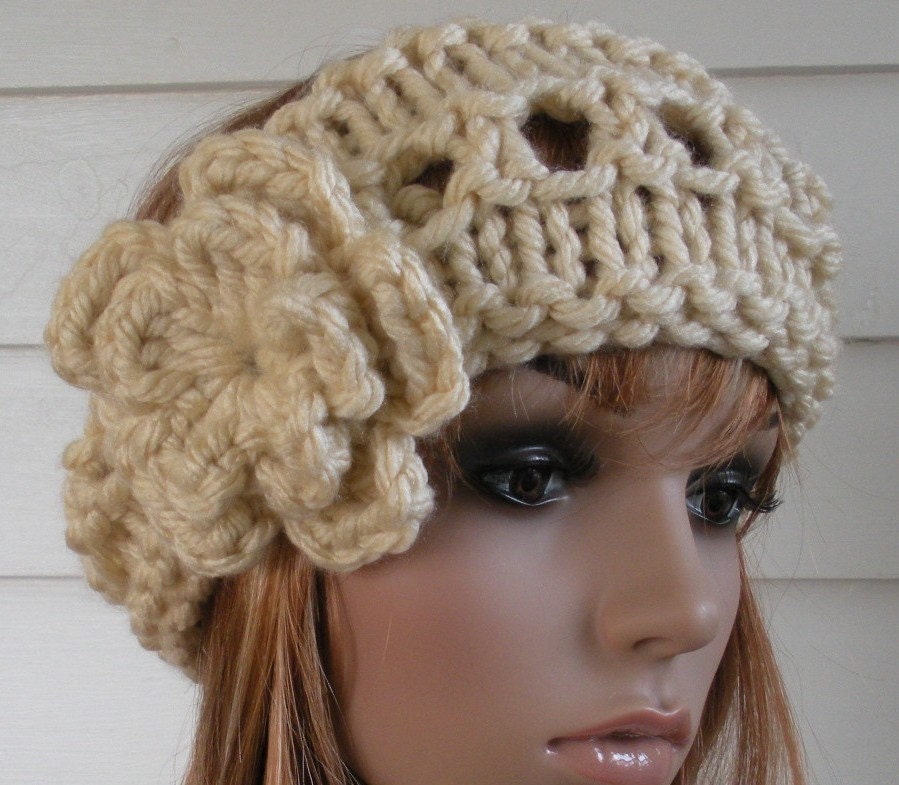 Womens Hand Knit Headband or Neckwarmer, Cream with Flower, Vegan, under 25