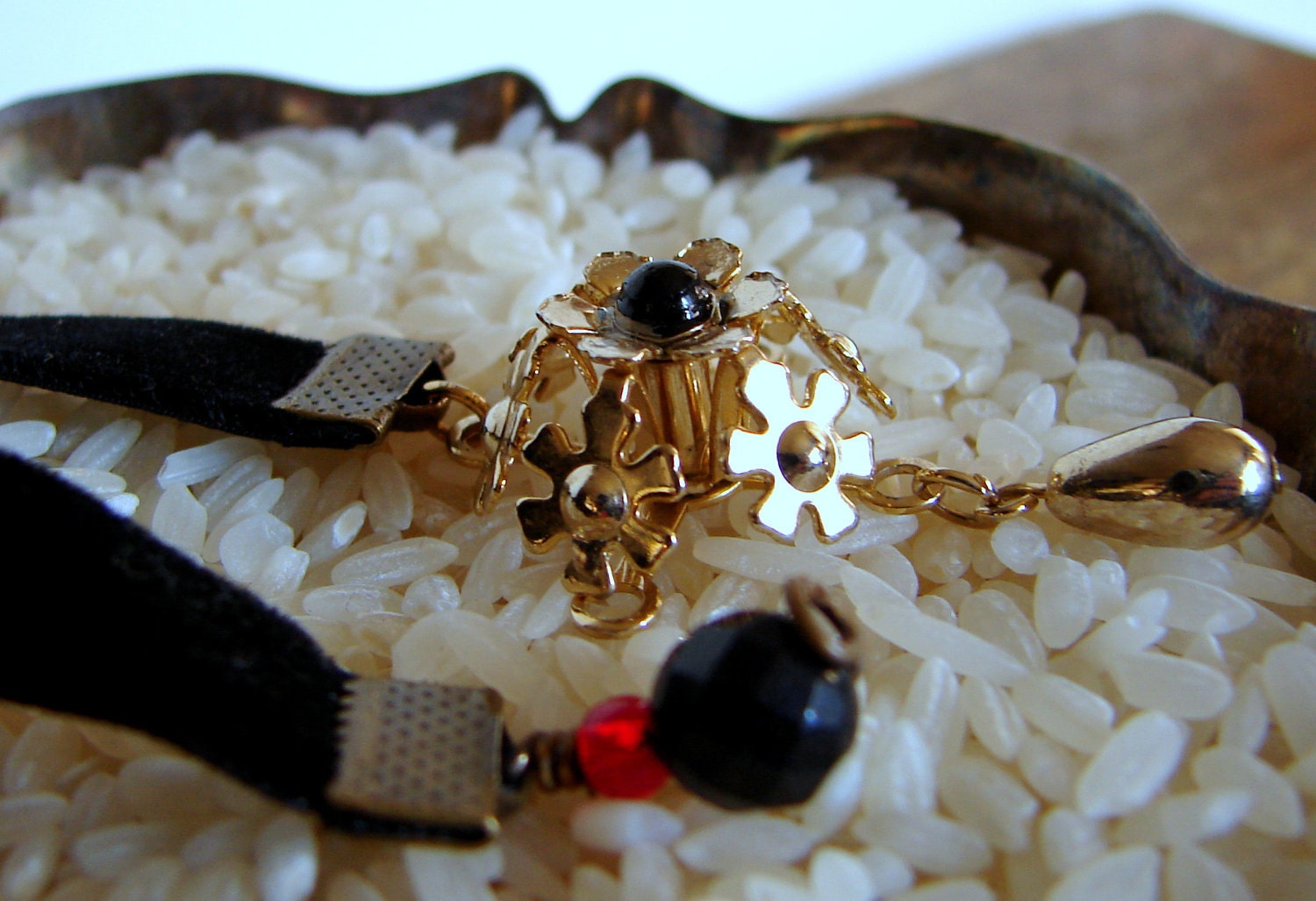OOAk Vintage Charm Black Velvet Ribbon Bookmark Black and Red Beaded