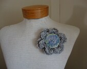 Stormy Gray flower brooch with handmade pottery butterfly button